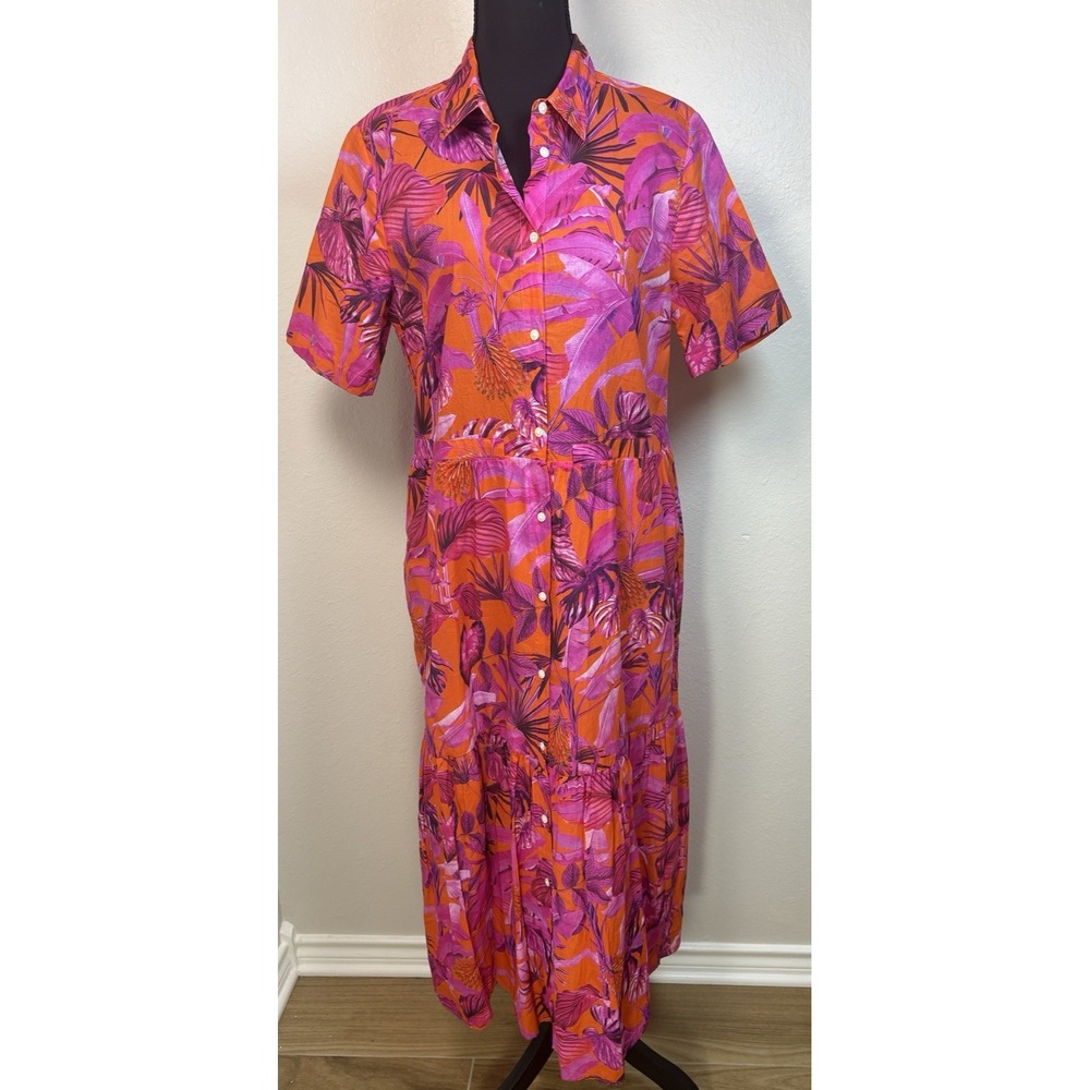 Vilagallo Eveline‎ Tropical Pink Floral Button Front Midi Dress Resort Vacation - Picture 2 of 11